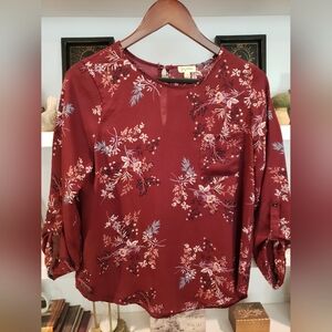 Lily White burgundy floral blouse, size M